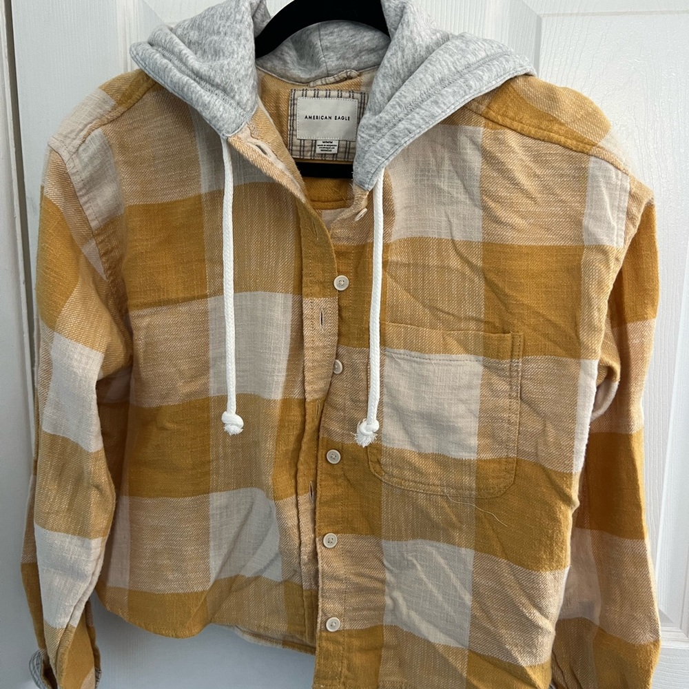 American Eagle Outfitters Yellow and Gray Plaid Hoodie Shirt